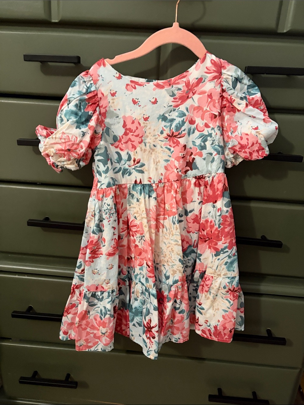 Janie and Jack Coral and Teal Floral Puff-Sleeve Dress